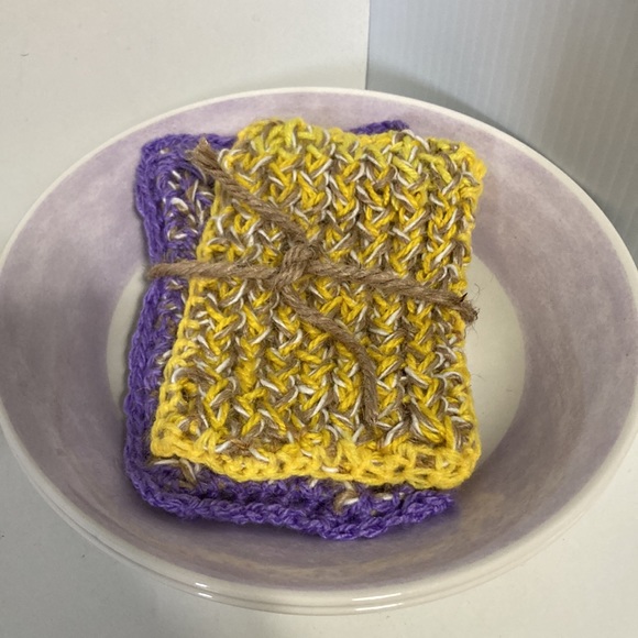 2 Handmade Knitted Scrubby Scrubbie Dish Sponges Yellow Purple Tan Beige - Picture 4 of 5